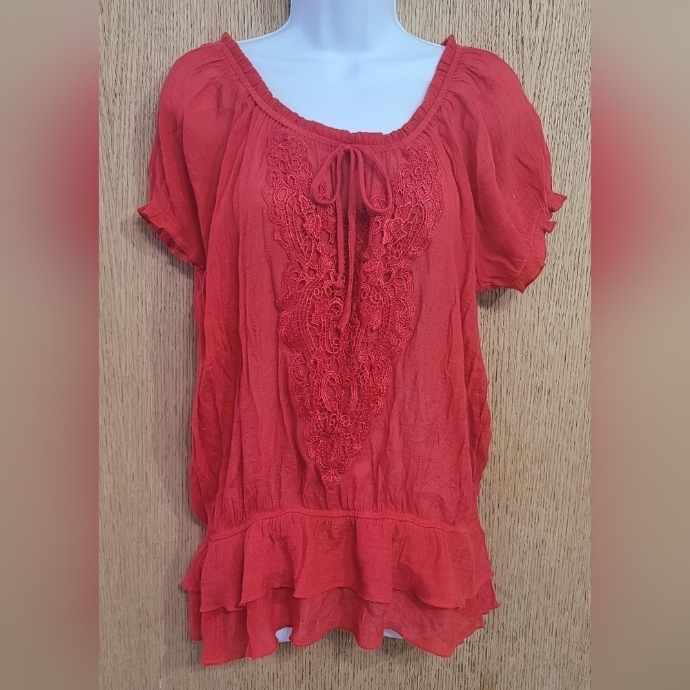 Cato Red Sheer Applique Blouse With Elastic Trim